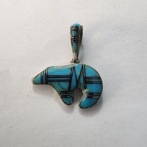 Vintage Inlay Turquoise and Sterling Silver Bear Fetish Pendant